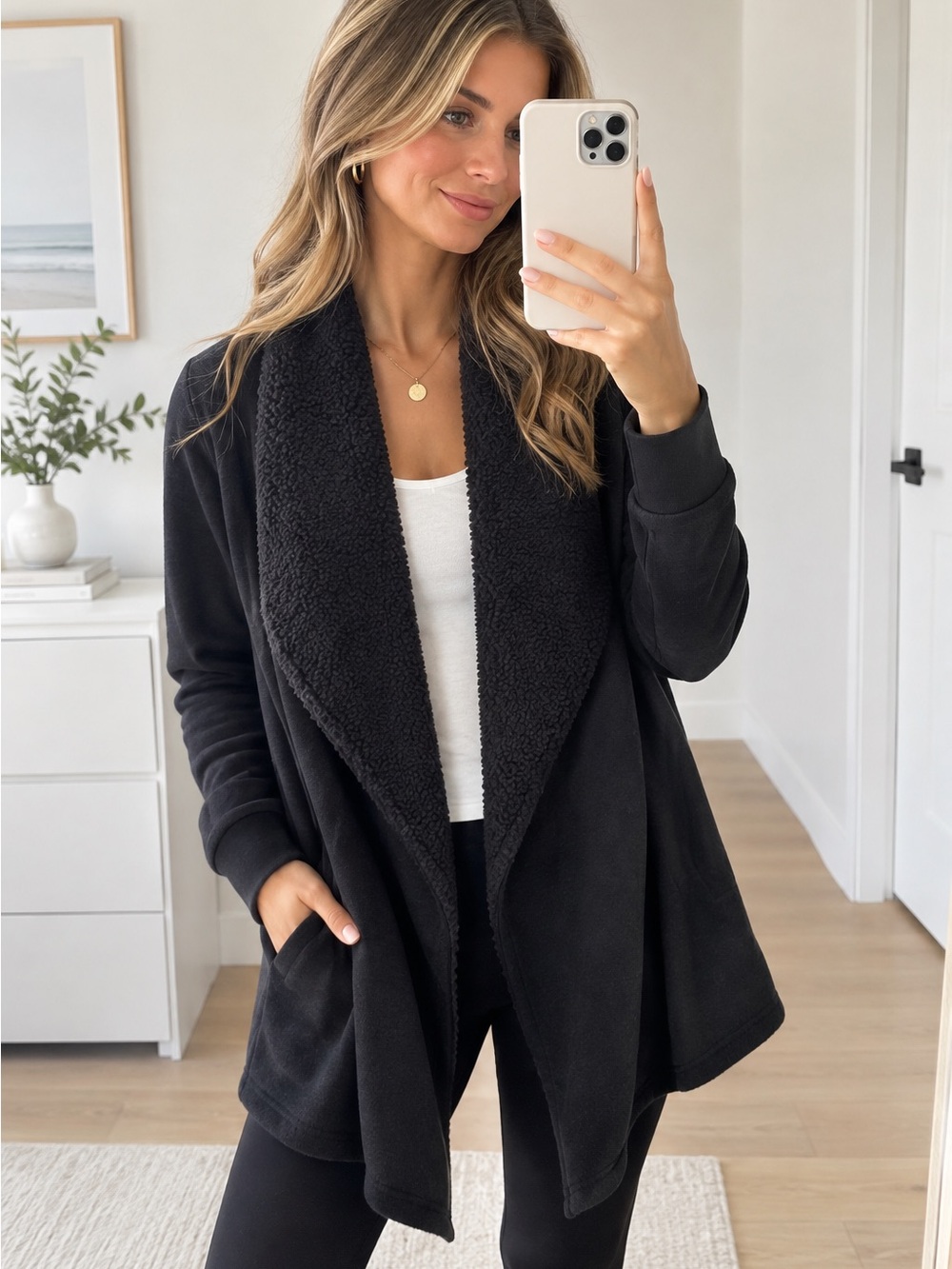 Navy Sherpa Teddy Cardigan • Cozy Plush Fleece Open Front Jacket Winter Coat